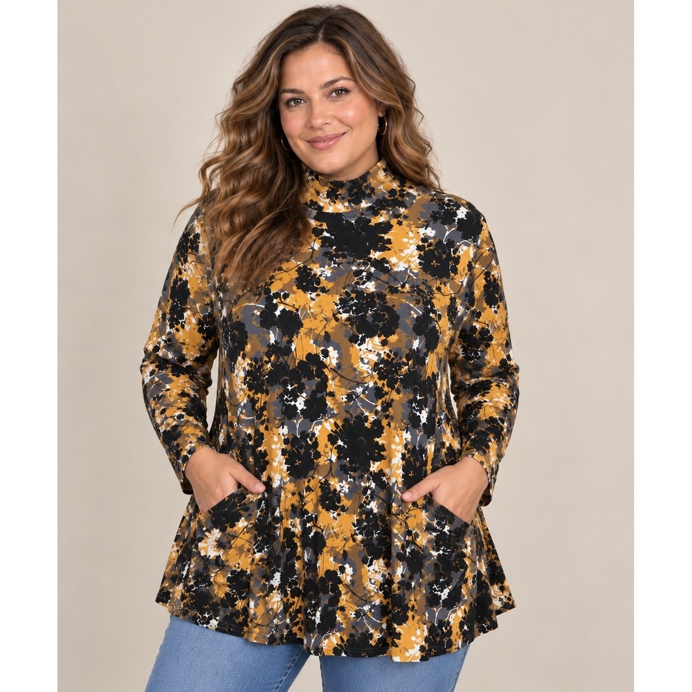 LOGO Lori Goldstein Tunic Top Women 1X Mustard Yellow Floral Mock Neck Stretchy